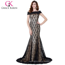 Grace Karin fuera del hombro de encaje negro largo formal vestido de noche CL4471